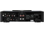 Rear view of Technics SA-C600 stereo amplifier showing input and output connections on a sleek black device.