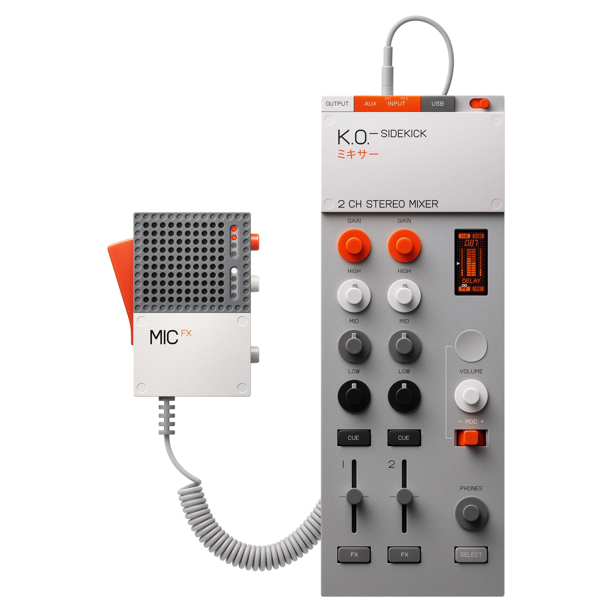 Teenage Engineering EP-2350 FX MIC next to an EP-136 K.O. Sidekick mixer, sold separately