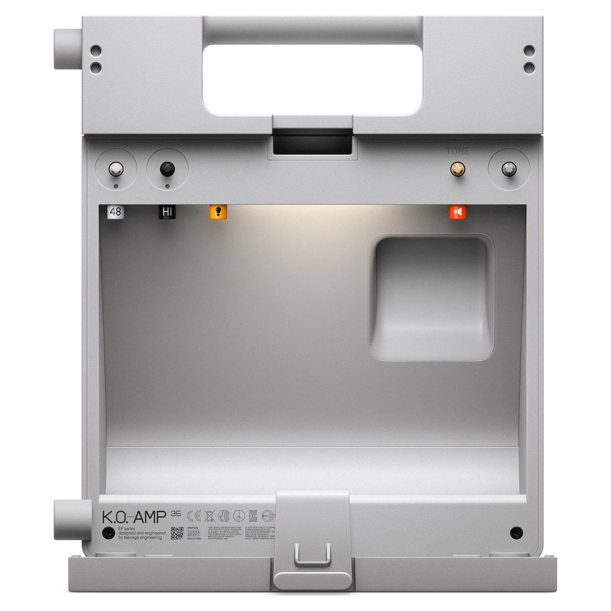 Teenage Engineering EP-35 K.O. AMP, rear storage compartment open with camp light