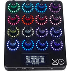OXI Instruments E16 MIDI controller with multiple knobs and pads, designed for music production and live performance.