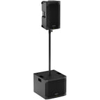 Stacked Mackie Thump12v4 active loudspeakers showing their durable black enclosure and front speaker grills.