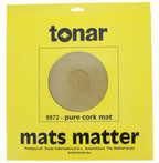 Tonar Pure Cork Turntable Mat slipmat placed on a turntable, showcasing its natural cork surface for improved sound quality.