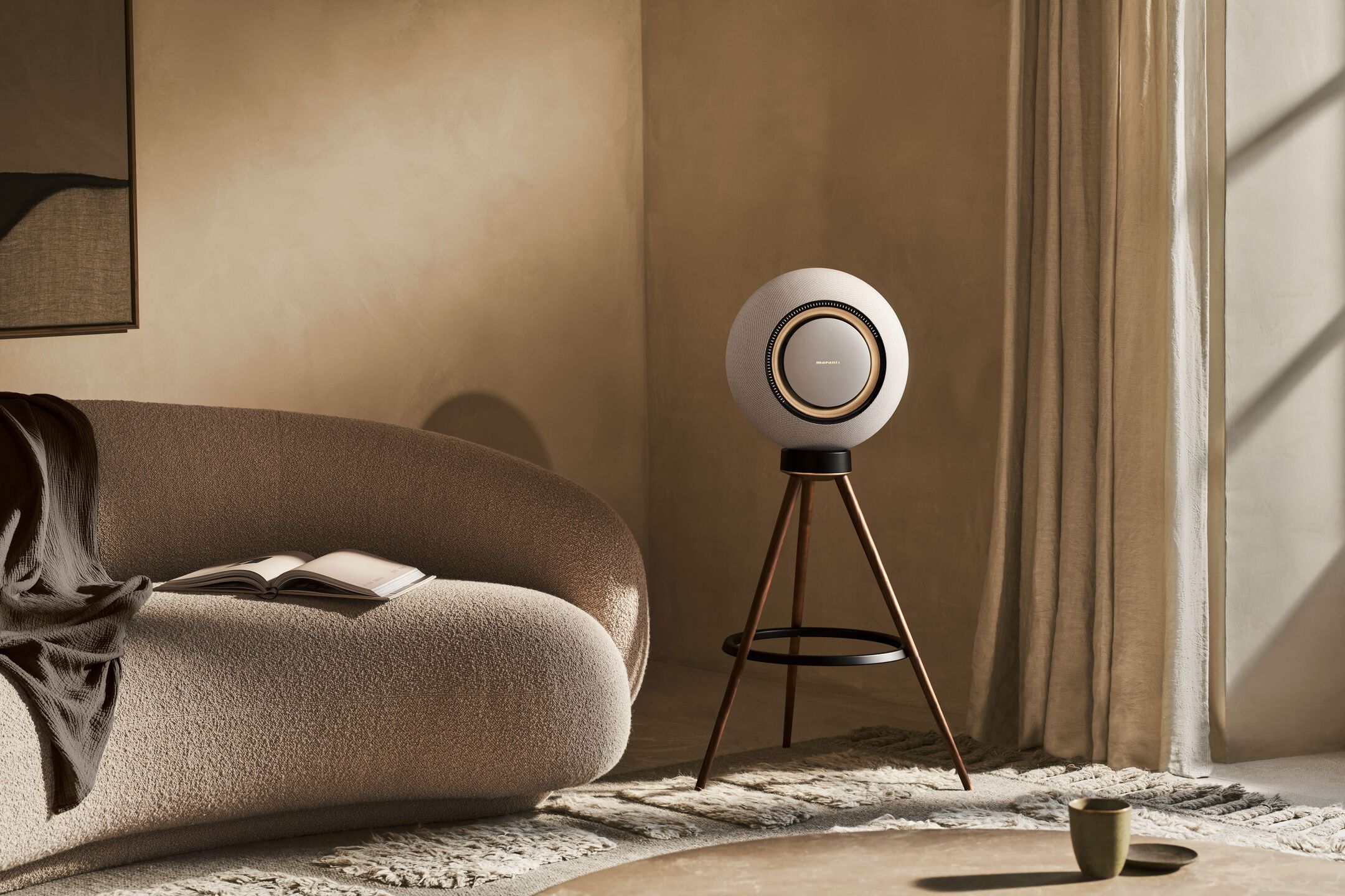 Marantz Horizon Tripod speaker stands in American Walnut wood with sleek, modern design and sturdy construction.