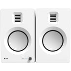 Kanto Audio TUK wireless speakers in white, compact design with sleek finish and visible control buttons on the front.