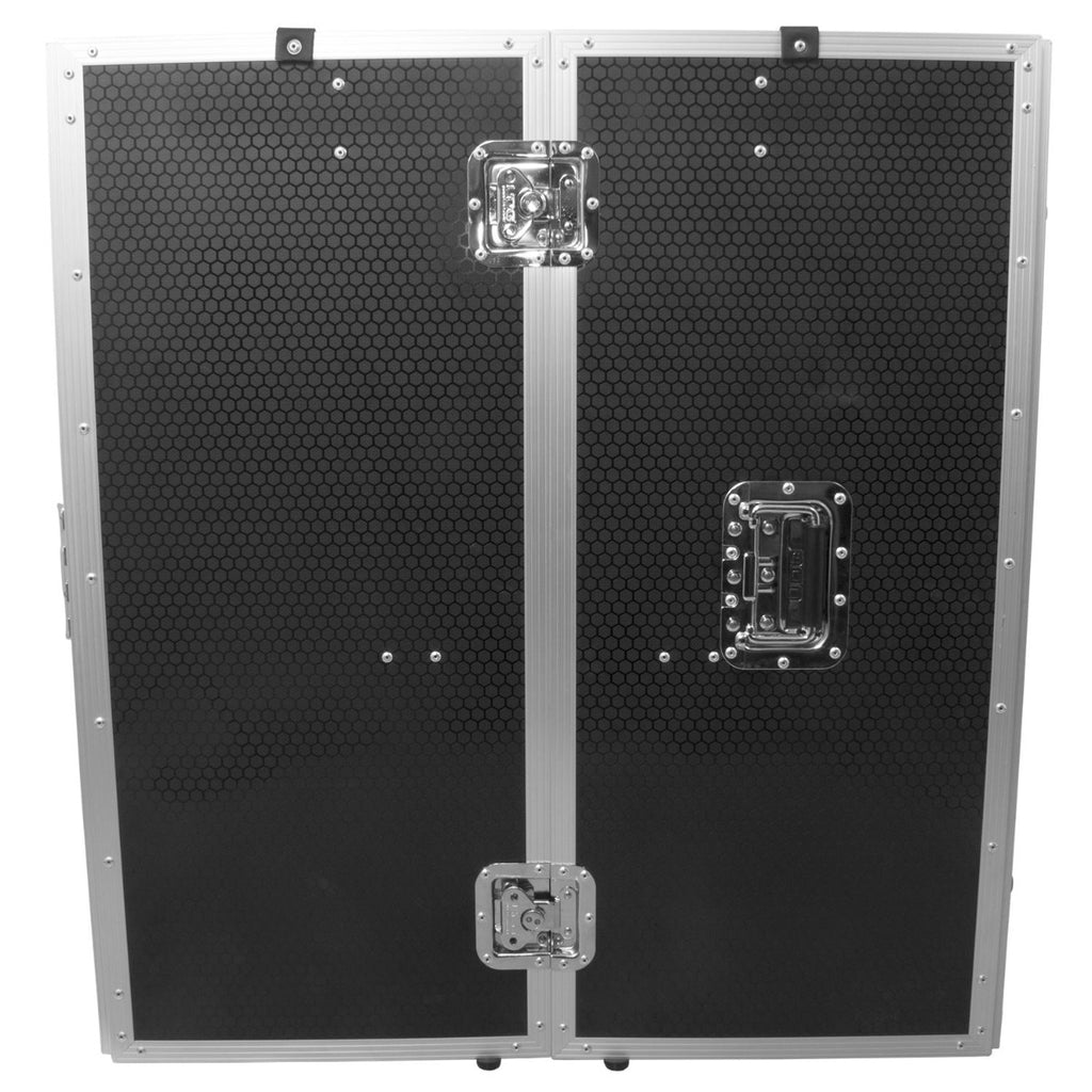 UDG Ultimate Fold Out DJ Table Silver MK2 Plus with wheels, showcasing a sleek design and sturdy construction.