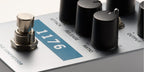 Universal Audio UAFX 1176 Studio Compressor effects pedal with control knobs and input/output jacks on a display stand.