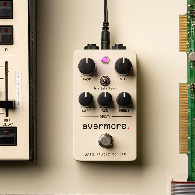 Universal Audio UAFX Evermore Studio Reverb effects pedal with control knobs and input/output jacks on a dark background.