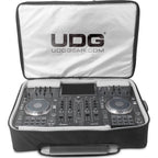 Large black UDG Urbanite MIDI Controller Backpack designed for DJs, with multiple compartments and padded straps for easy transport.