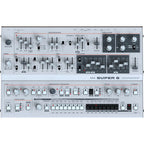 UDU Audio Super 6 desktop synthesizer with multiple knobs and controls, showing its sleek black design and interface.