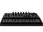 Front view of the Arturia MicroBrute UFO keyboard synthesizer showcasing its knobs and compact design.