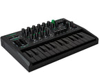 Arturia MicroBrute UFO keyboard synthesizer with control knobs and LED display, viewed from the left side.