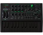 Arturia MicroBrute UFO keyboard synthesizer top view showing knobs, keyboard keys, and control panel.