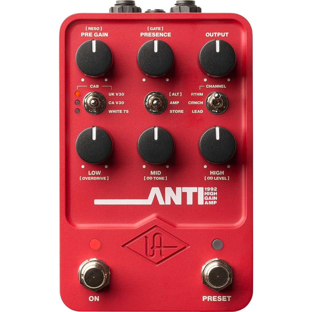 Universal Audio UAFX ANTI 1992 high gain amp effects pedal with rugged design and control knobs for versatile guitar tone.