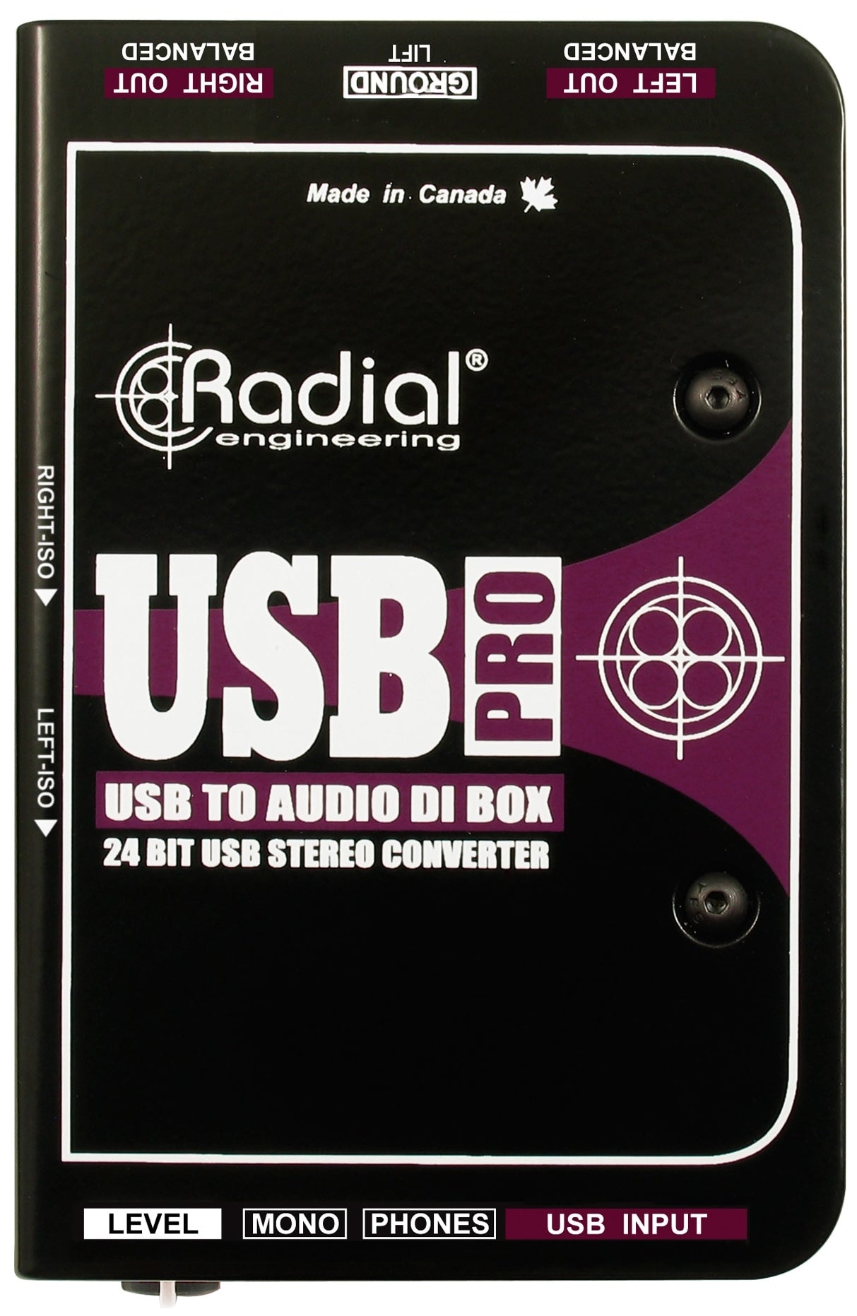 Radial Engineering USB-Pro DI box for professional audio, showing top view of the compact, metal-cased interface with input and output ports.