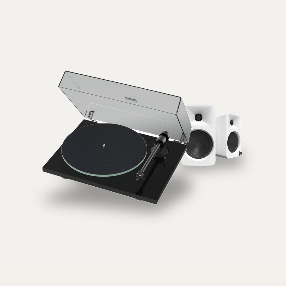 Pro-Ject T1 EVO + Kanto Audio Ora 4 Vinyl Setup – Turntable Finish High Gloss, Speaker Finish Matte White
