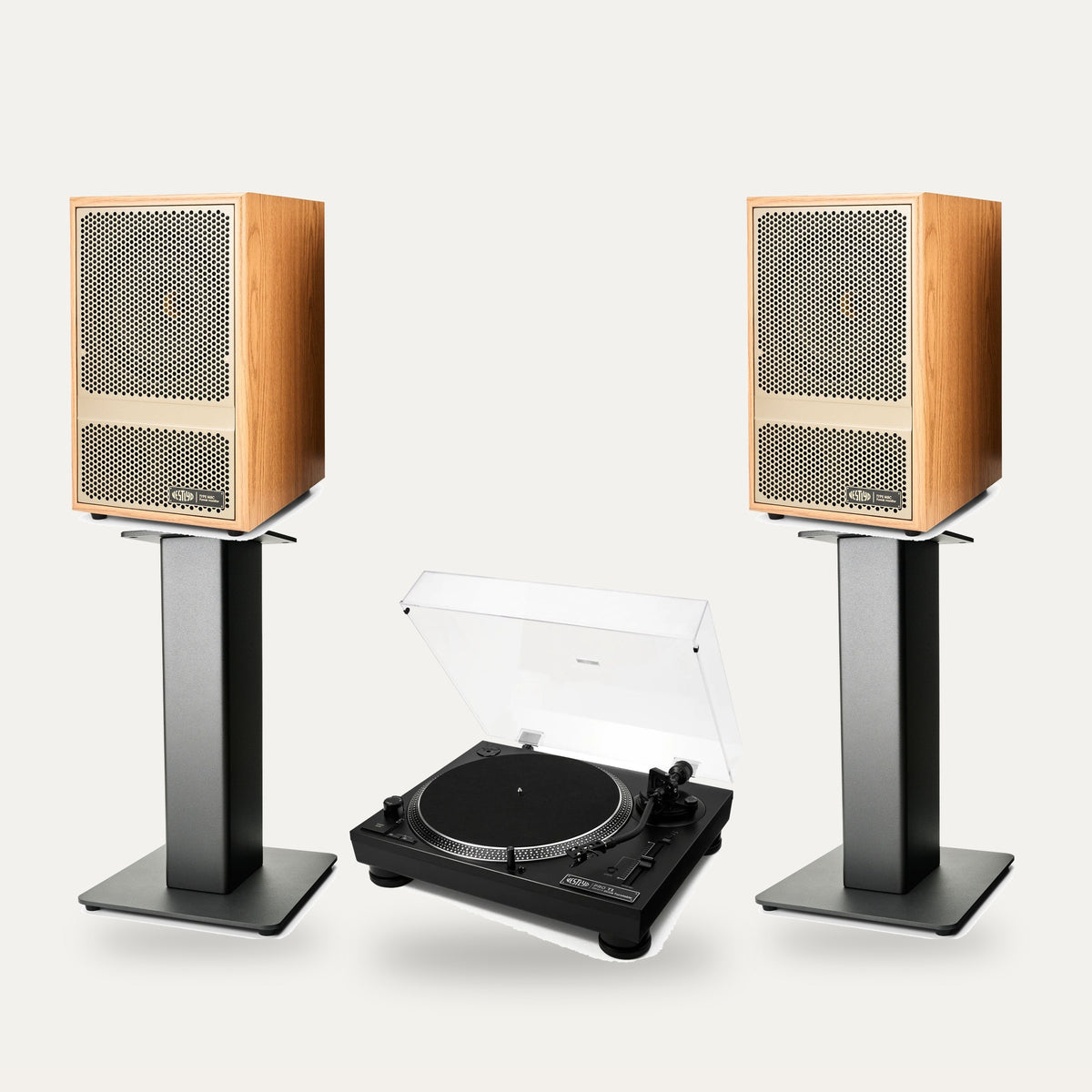 Vestlyd Vinyl Setup: Pro T1 turntable in Black with M8C Active speakers in Oak on M-Stands