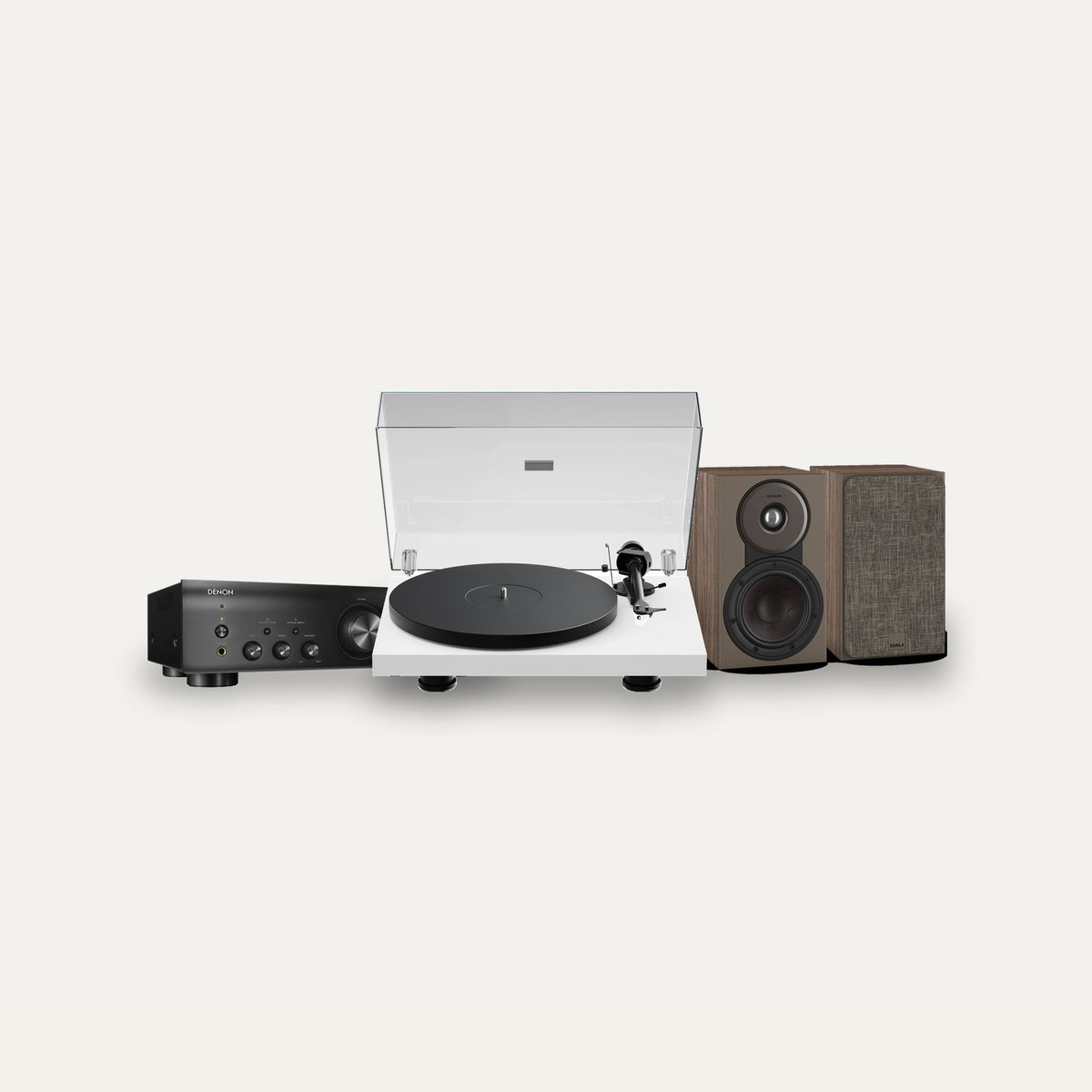 Pro-Ject Debut EVO 2 + Denon PMA-600NE + Dali Sonik 1 Vinyl Hi-Fi System – Turntable Finish Satin White, Speaker Finish Walnut