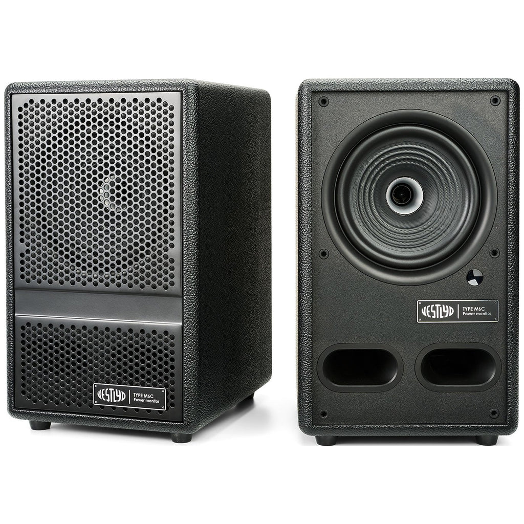 Vestlyd M6C Active powered speakers in Black — front grille and driver view of the pair