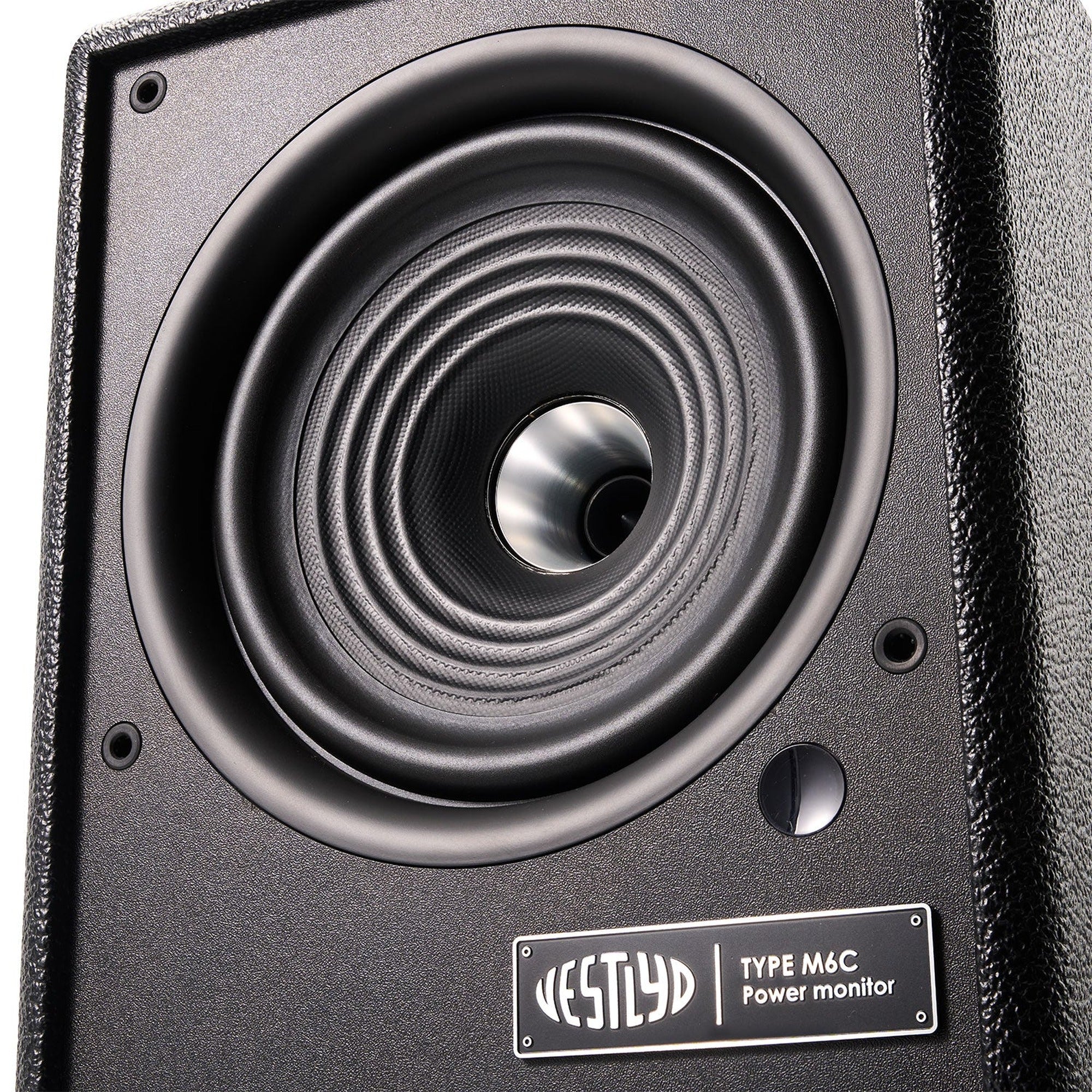 Close-up of the Vestlyd M6C Active 6.5-inch coaxial paper woofer with titanium dome tweeter