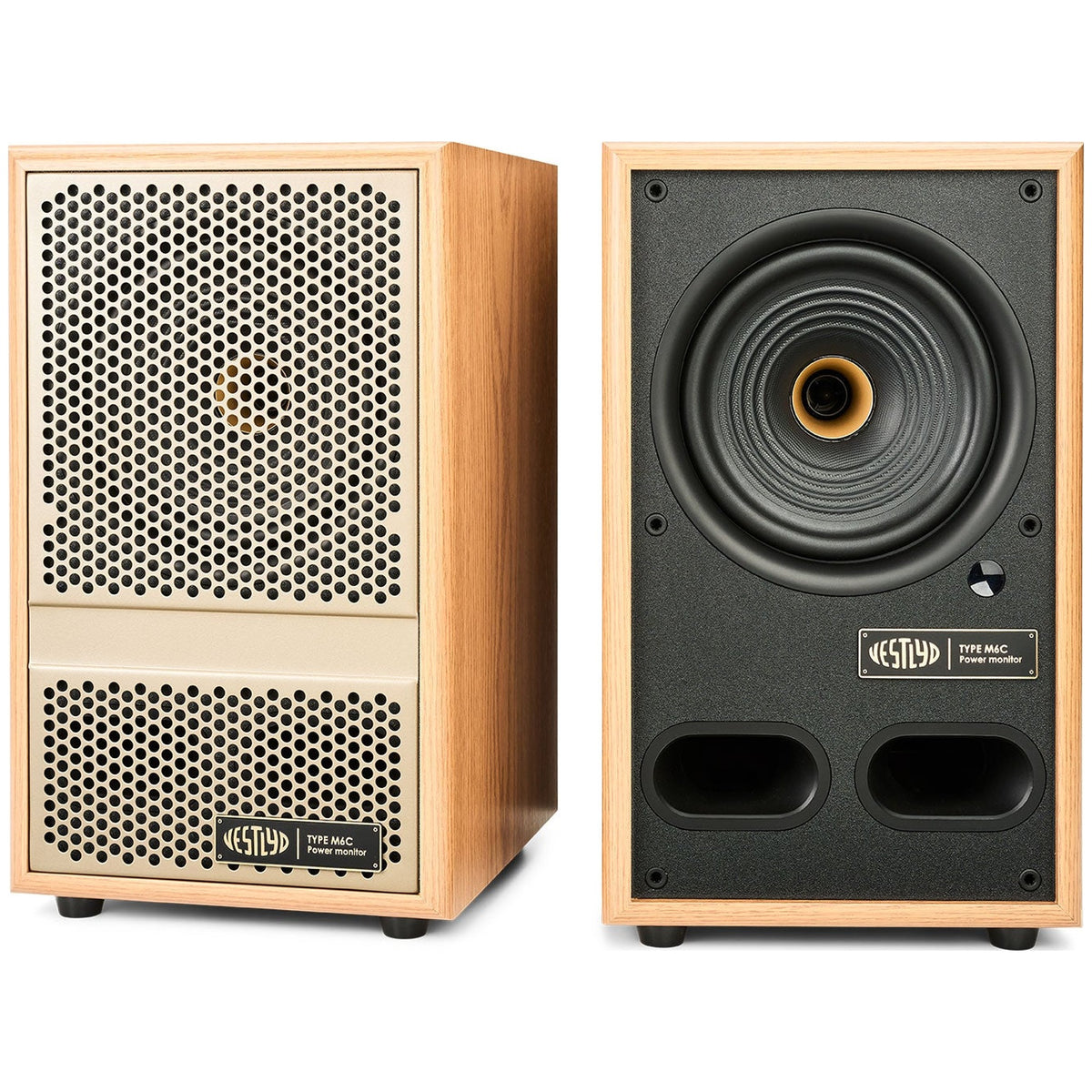 Vestlyd M6C Active powered speakers in Oak — front grille and driver view of the pair