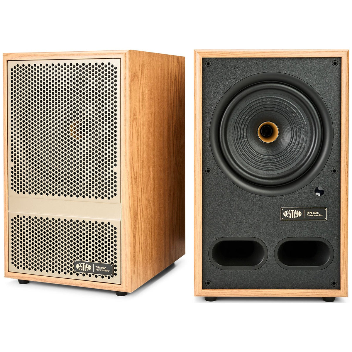 Vestlyd M8C Active powered speakers in Oak — front grille and driver view of the pair