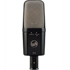 Warm Audio WA-14 condenser microphone shown with its sleek metal body and large diaphragm for studio recording.