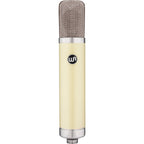 Warm Audio WA-251 condenser microphone shown with vintage-style silver design and detailed grille for studio recording.