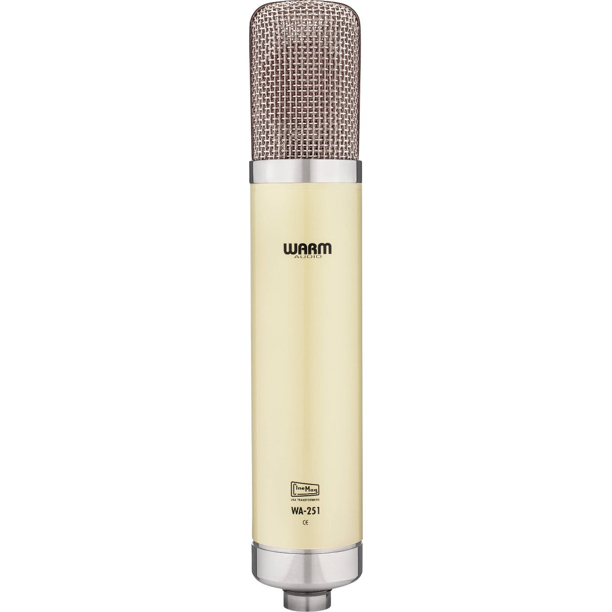 Warm Audio WA-251 condenser microphone shown with vintage-inspired design and professional-grade audio capturing capabilities.