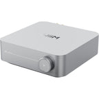 WiiM AMP music streamer device with sleek design, front display, and control buttons, designed for high-quality audio streaming.