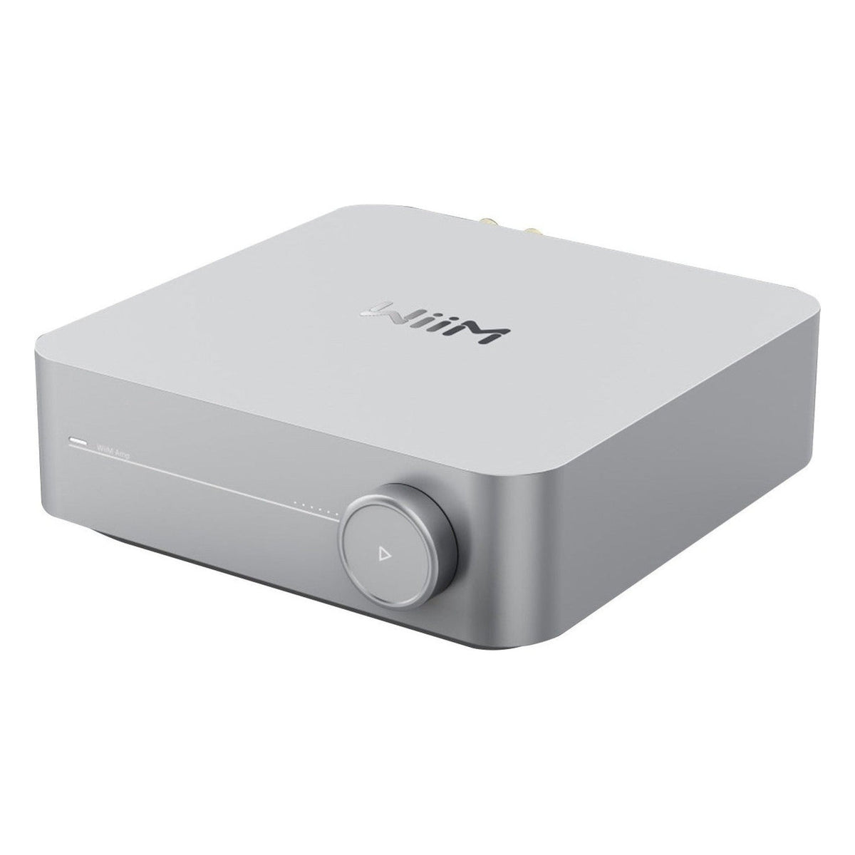 WiiM AMP music streamer device with sleek design, front display, and control buttons, designed for high-quality audio streaming.