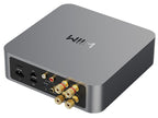 WiiM AMP music streamer device with sleek black design, featuring multiple ports and control buttons for high-quality audio streaming.