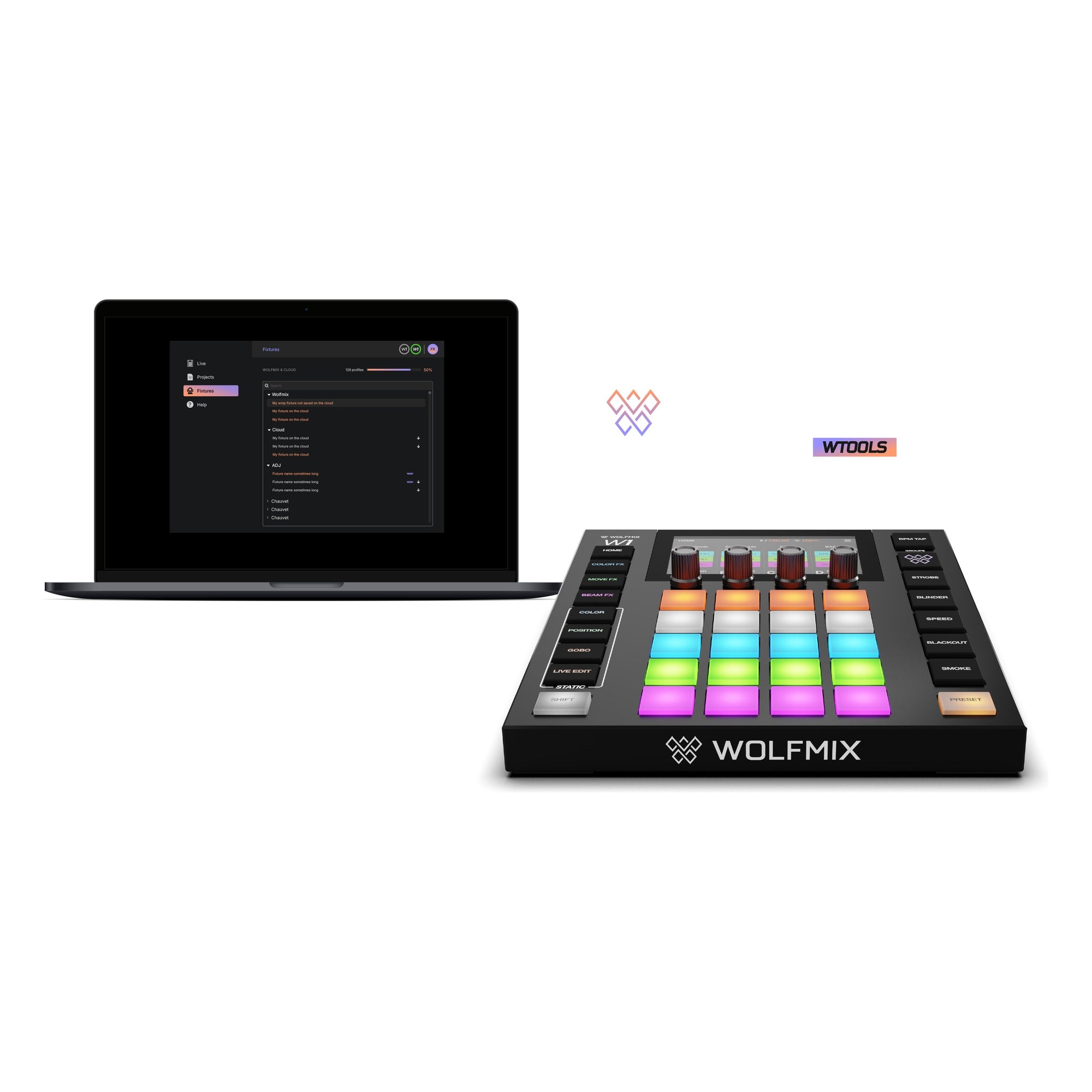 Wolfmix W1 MK3 controller alongside a laptop running WTOOLS software