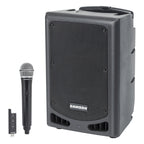 Samson XP208W portable PA system with two speakers and built-in mixer, set up for an outdoor event.