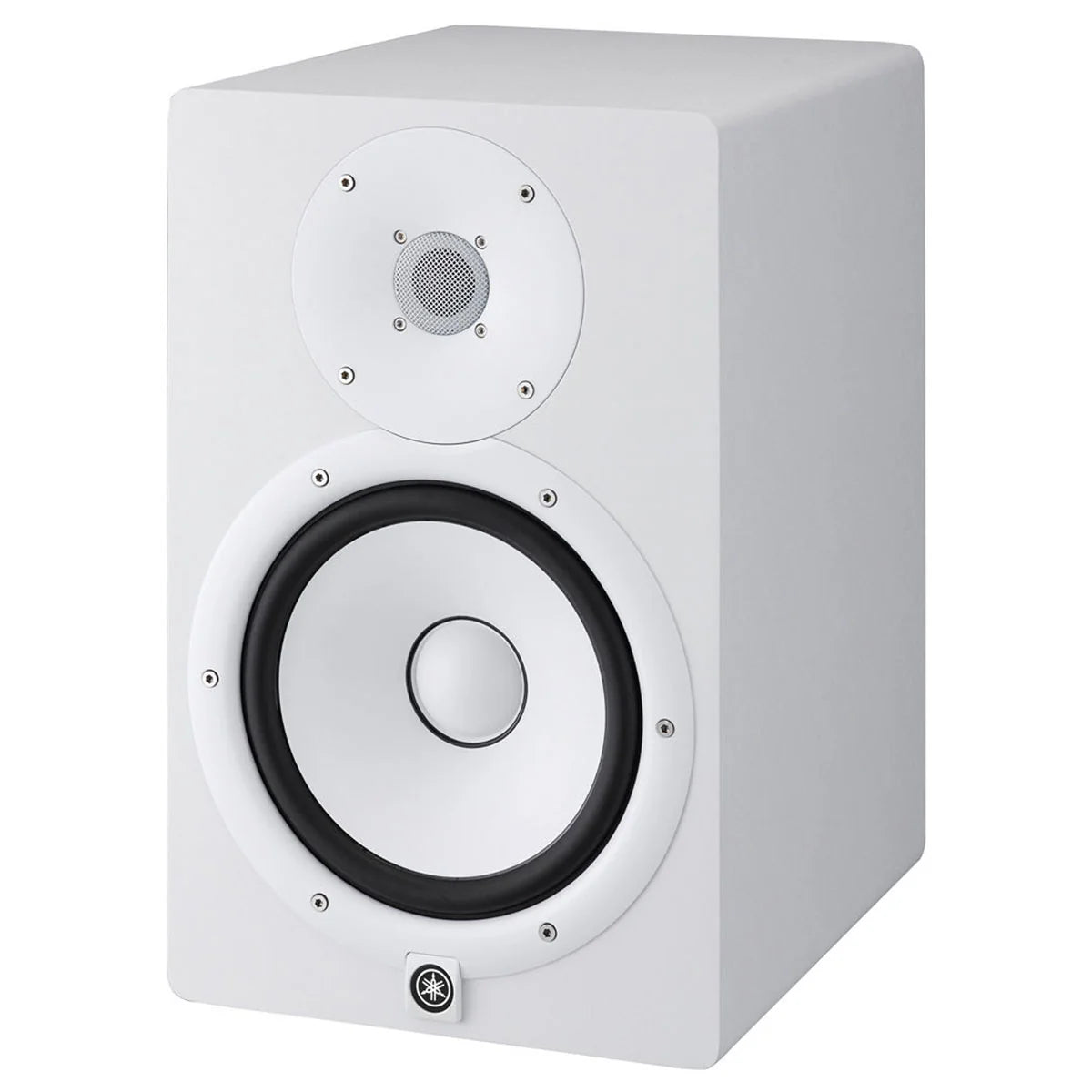 Yamaha HS8 studio monitors in white, featuring a sleek design and high-quality sound for professional audio mixing.