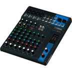 Yamaha MG10 analog mixer with multiple input channels, knobs, and faders for sound control in a professional audio setup.