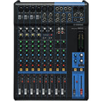 Yamaha MG12 analog mixer with 12 channels, featuring multiple knobs and input ports, suitable for live sound and studio use.