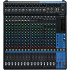 Yamaha MG20 analog mixer with multiple input channels, volume knobs, and control sliders for professional audio mixing.