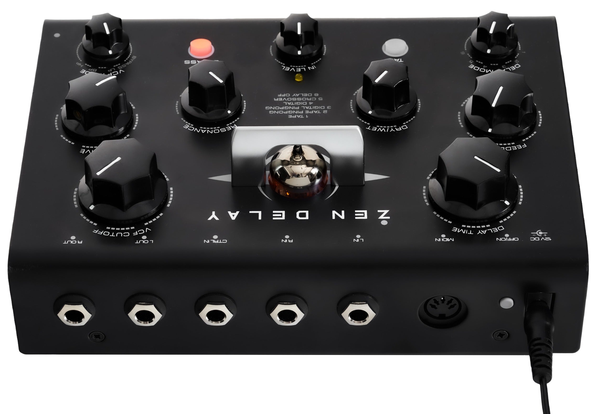 Erica Synths Zen Delay effects pedal with multiple delay controls and colorful interface, designed for audio effects processing.