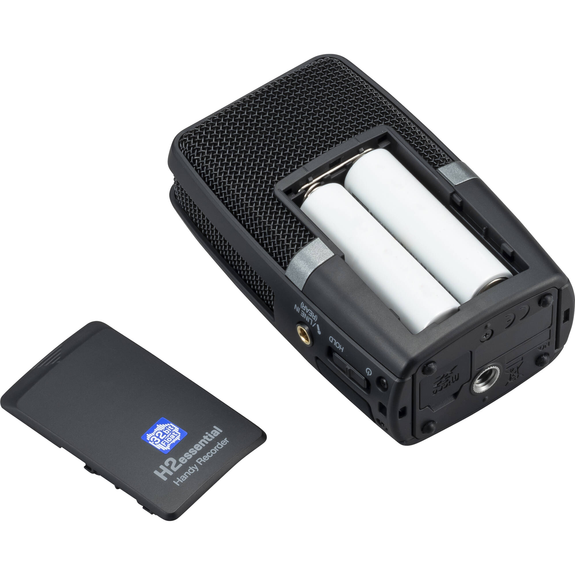 Zoom H2essential digital recorder, bottom compartment with batteries and microSD card