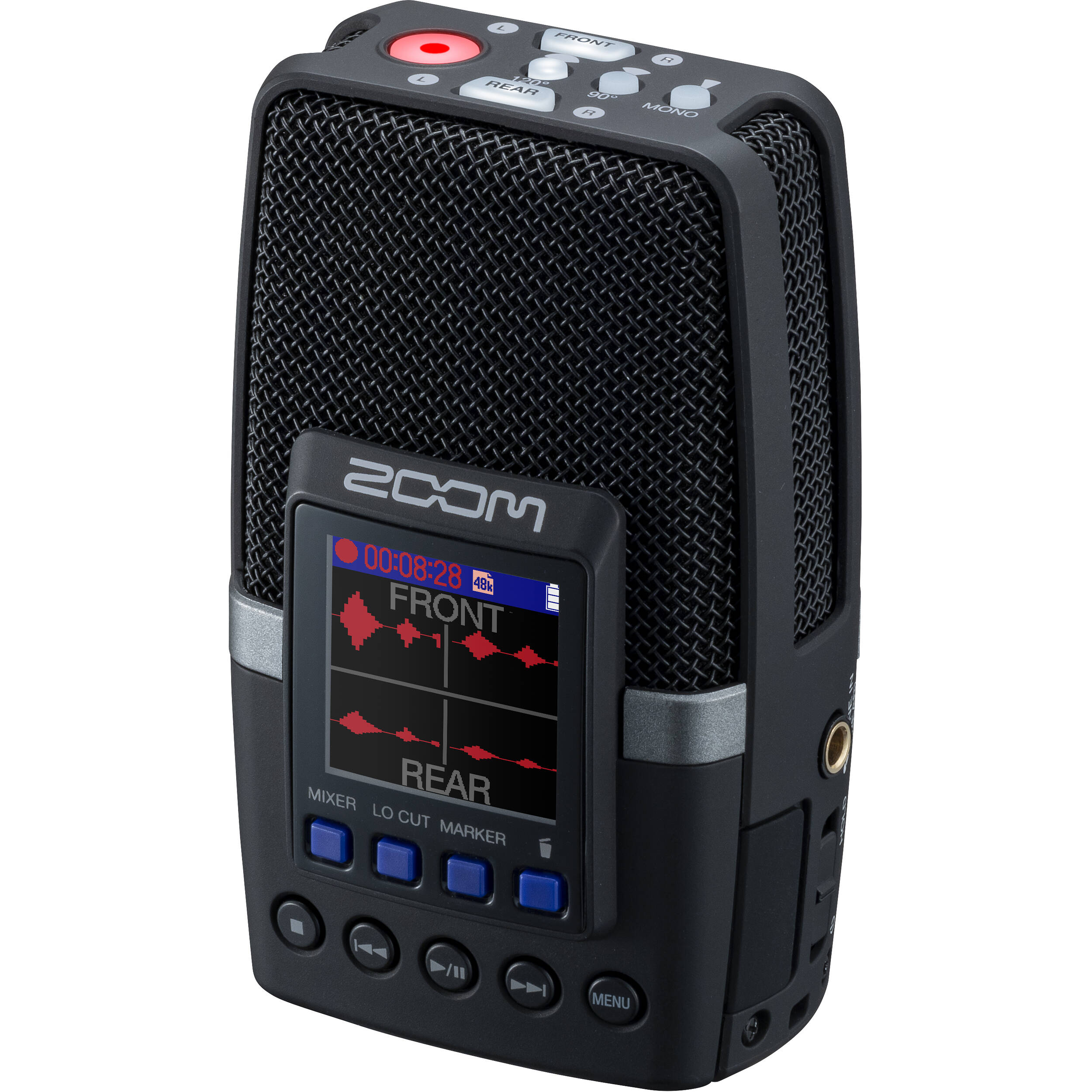 Zoom H2essential digital recorder, angled view with mic capsule and display