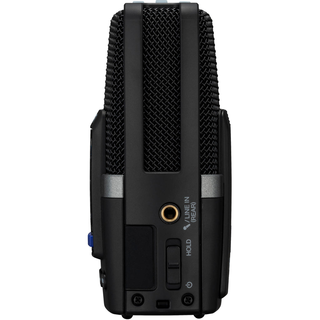 Zoom H2essential digital recorder, side view with headphone jack and ports