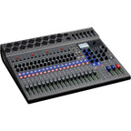 Zoom LiveTrak L-20 digital mixer with multiple faders and knobs, designed for live sound mixing and recording.