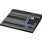 Zoom LiveTrak L-20 digital mixer with multiple faders and knobs, designed for live sound mixing and recording.