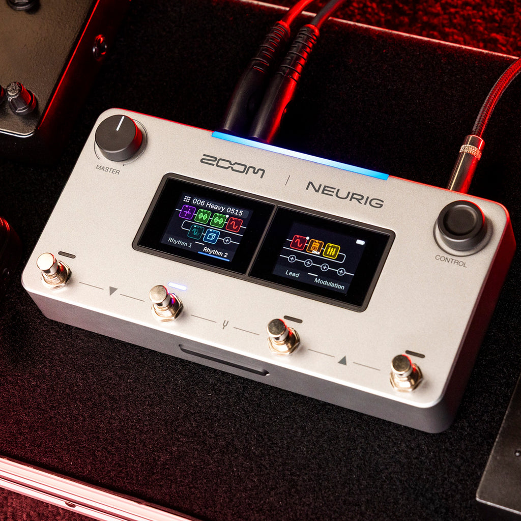 Zoom NEURIG on a pedalboard next to other pedals